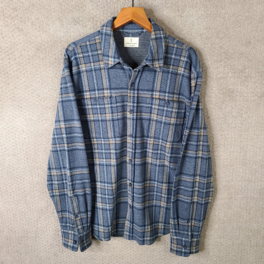Mutual Weave Shirt Mens Large Blue Plaid Button Down Heavy Flannel Long Sleeve